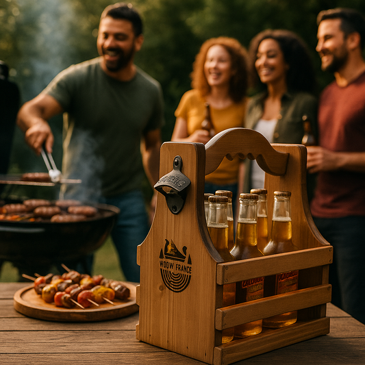 Panier à Bière WOOW-FRANCE® – Bois Massif, 6 Bouteilles, Décapsuleur Intégré