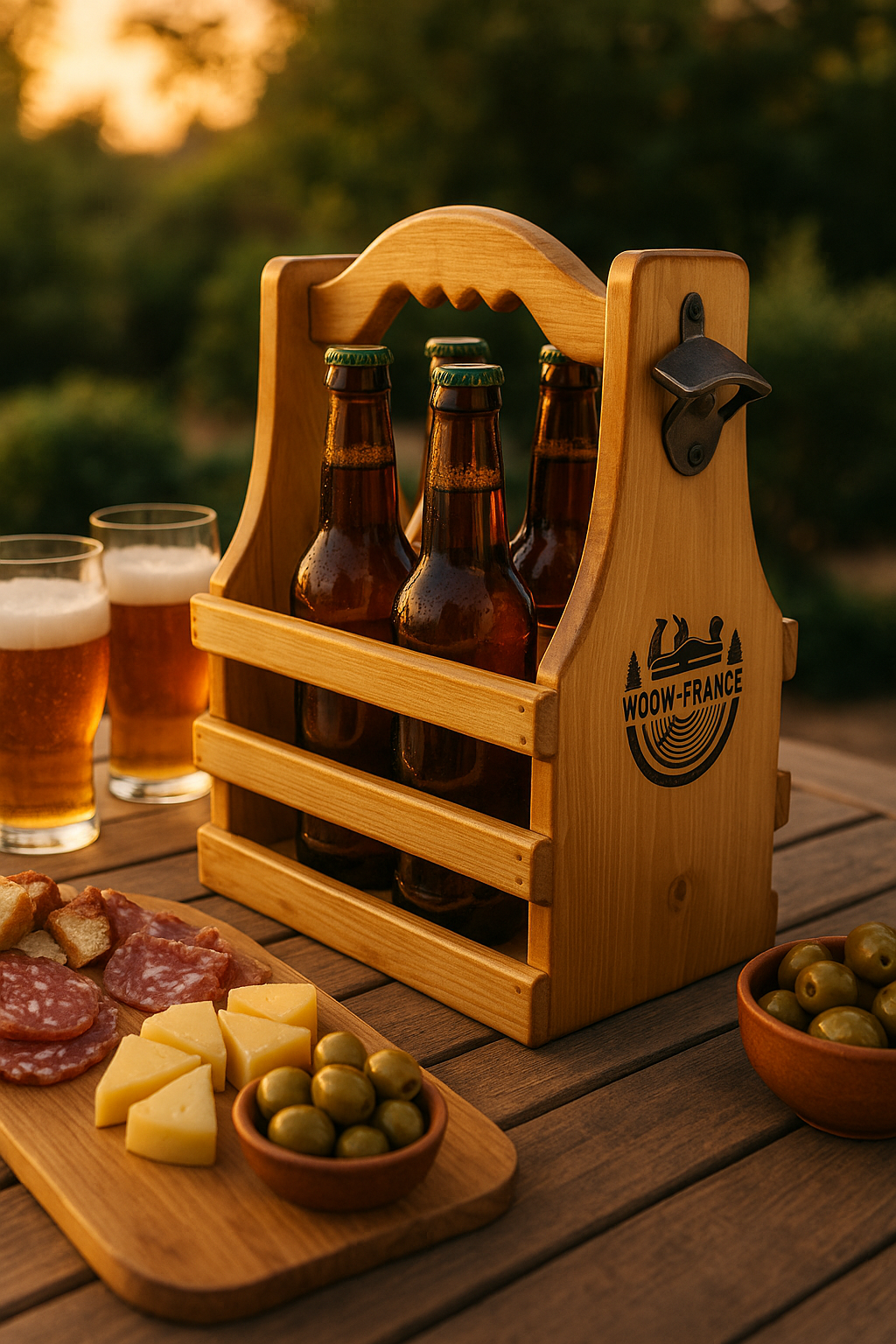 Panier à Bière WOOW-FRANCE® – Bois Massif, 6 Bouteilles, Décapsuleur Intégré