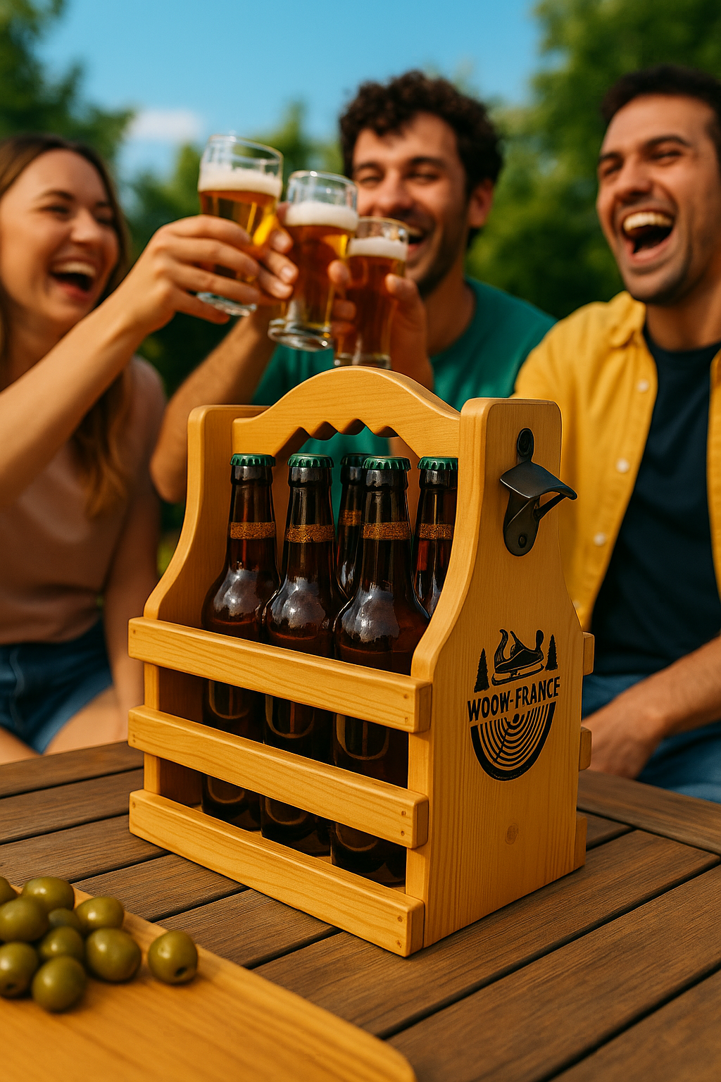 Panier à Bière WOOW-FRANCE® – Bois Massif, 6 Bouteilles, Décapsuleur Intégré