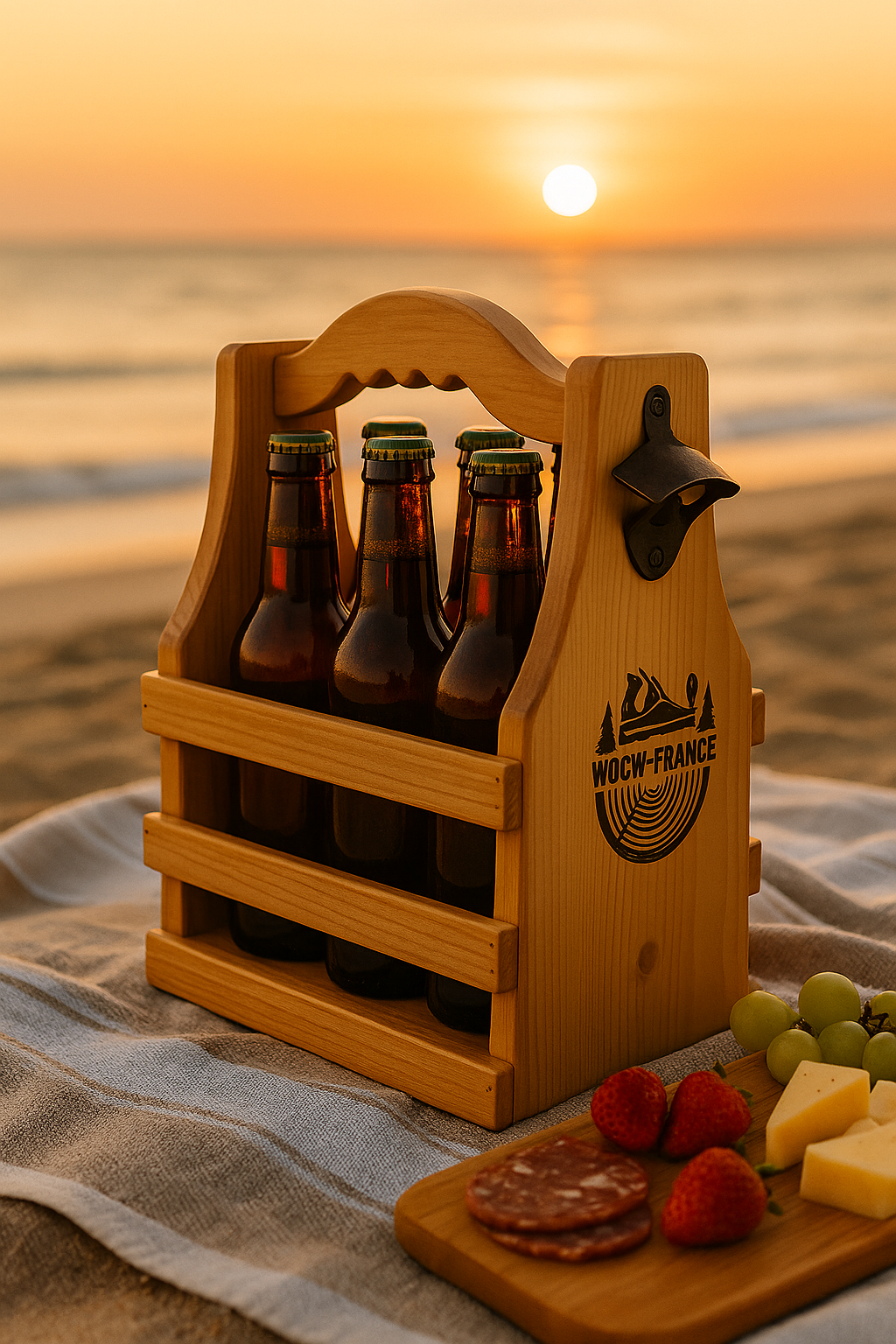 Panier à Bière WOOW-FRANCE® – Bois Massif, 6 Bouteilles, Décapsuleur Intégré
