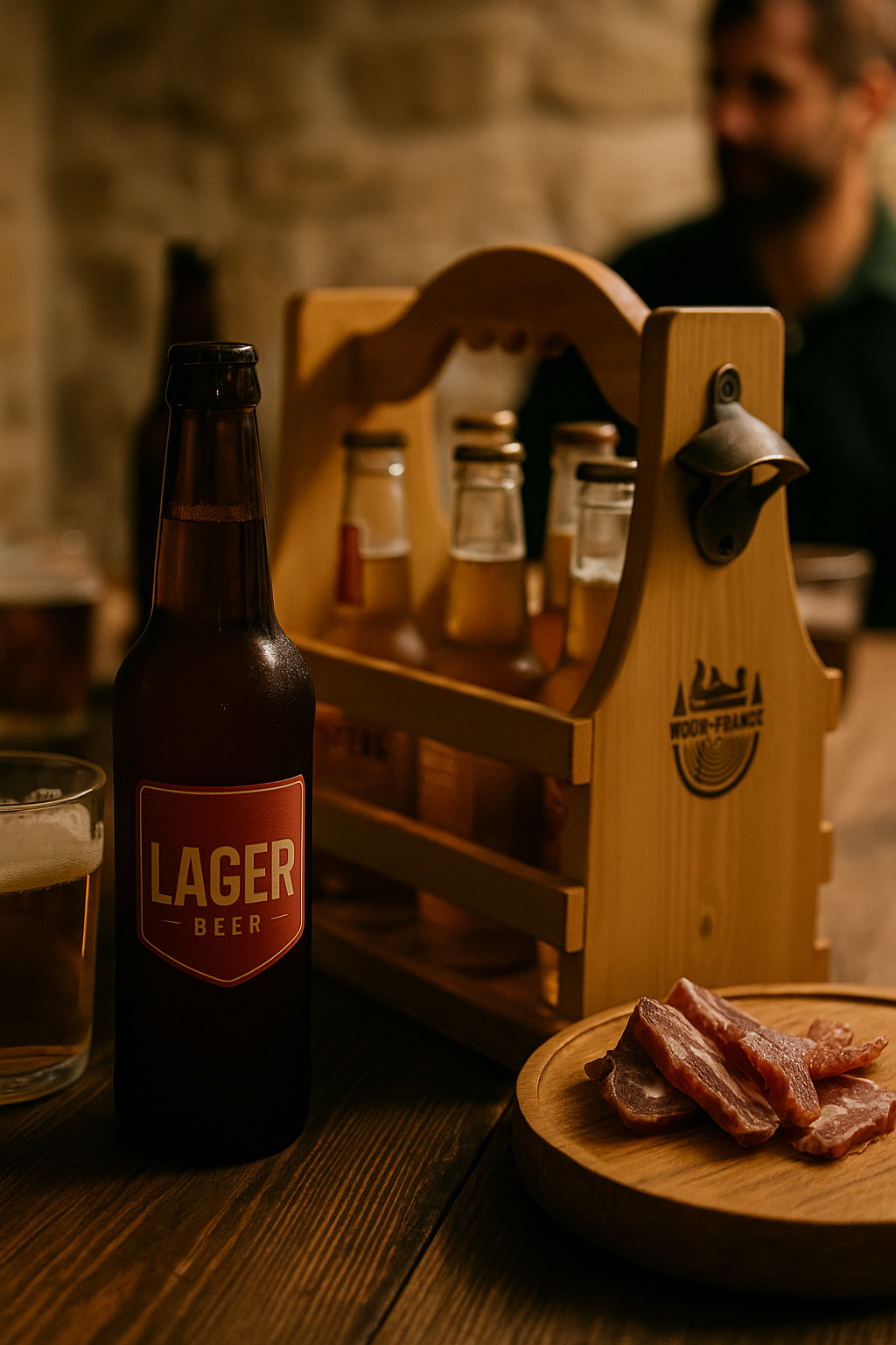 Panier à Bière WOOW-FRANCE® – Bois Massif, 6 Bouteilles, Décapsuleur Intégré
