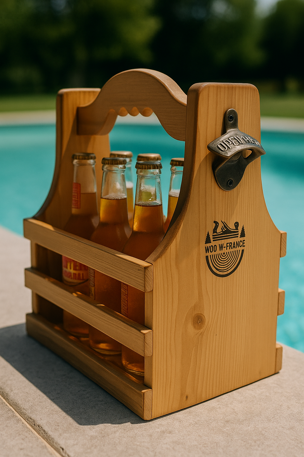 Panier à Bière WOOW-FRANCE® – Bois Massif, 6 Bouteilles, Décapsuleur Intégré