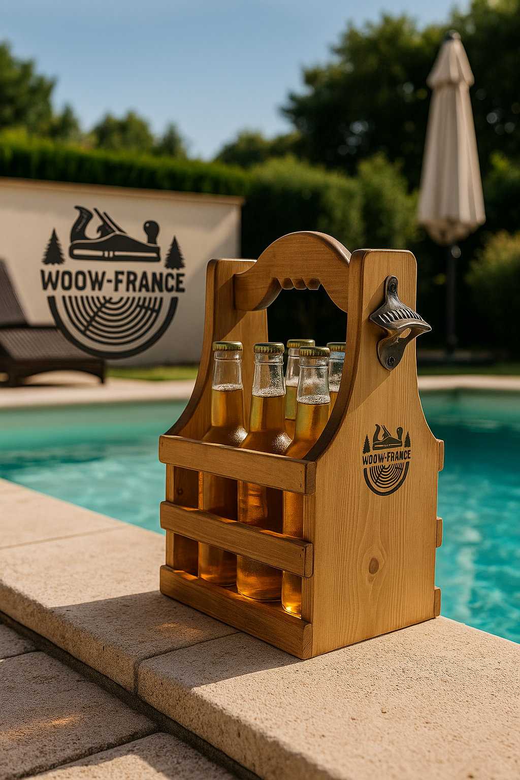Panier à Bière WOOW-FRANCE® – Bois Massif, 6 Bouteilles, Décapsuleur Intégré