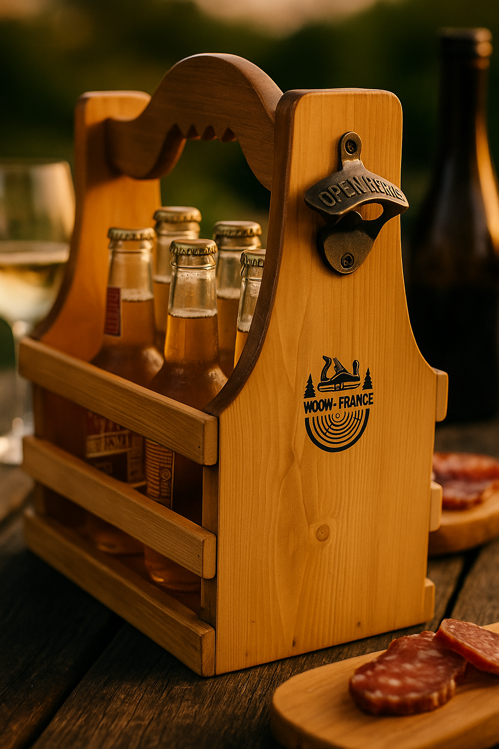 Panier à Bière WOOW-FRANCE® – Bois Massif, 6 Bouteilles, Décapsuleur Intégré