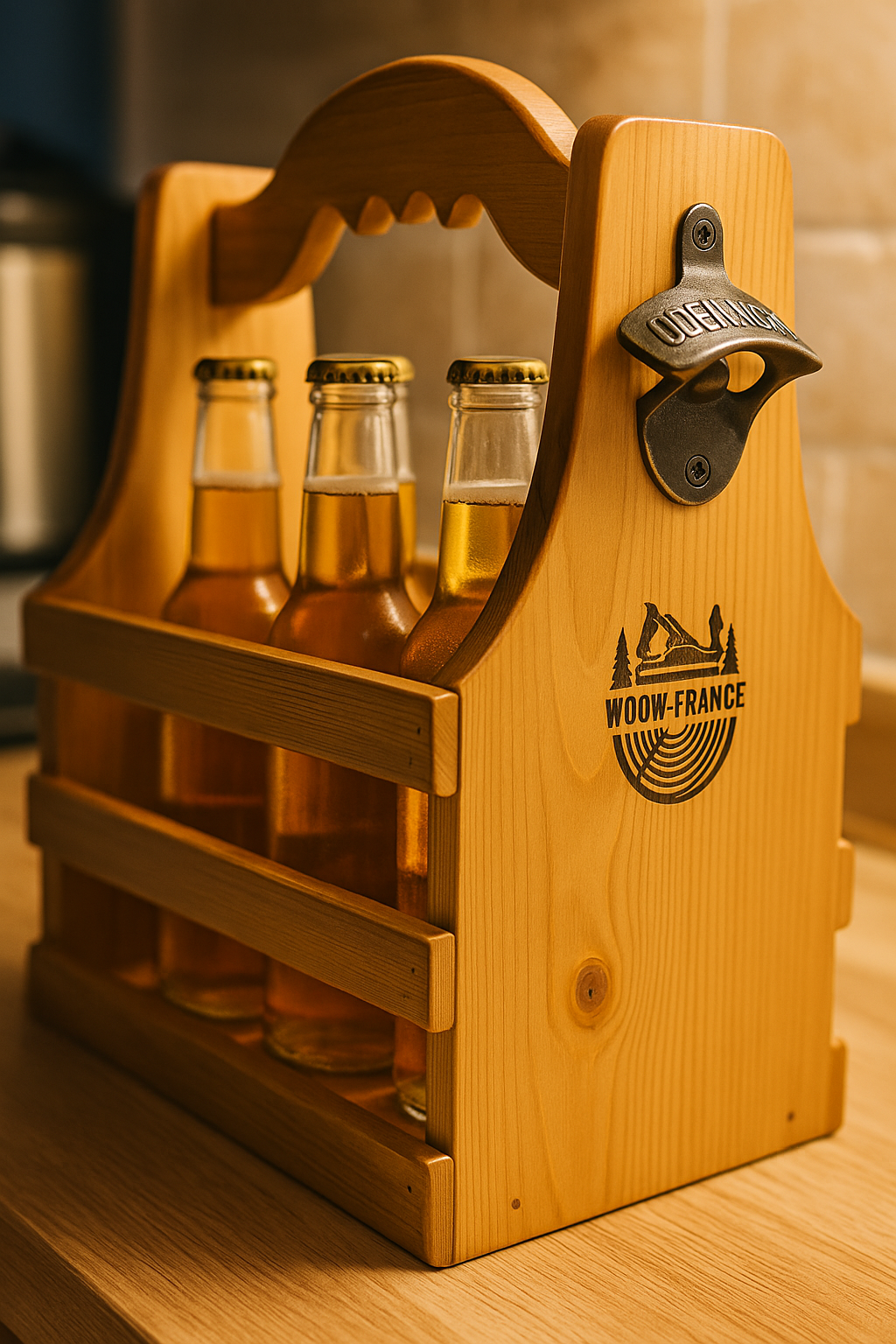 Panier à Bière WOOW-FRANCE® – Bois Massif, 6 Bouteilles, Décapsuleur Intégré